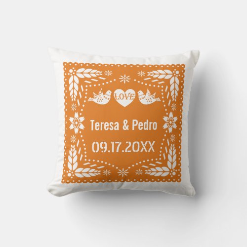 Orange papel picado love birds wedding fiesta  throw pillow