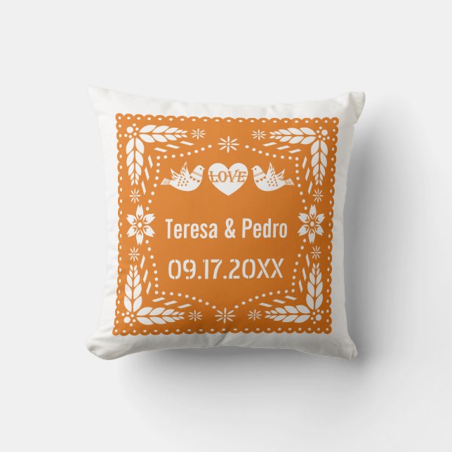 Orange papel picado love birds wedding fiesta  throw pillow (Front)