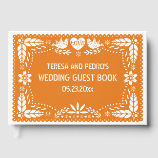 Orange papel picado love birds wedding guest book