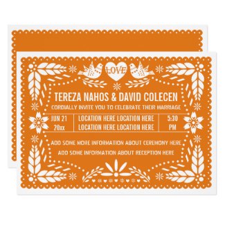Orange papel picado love birds wedding invitation