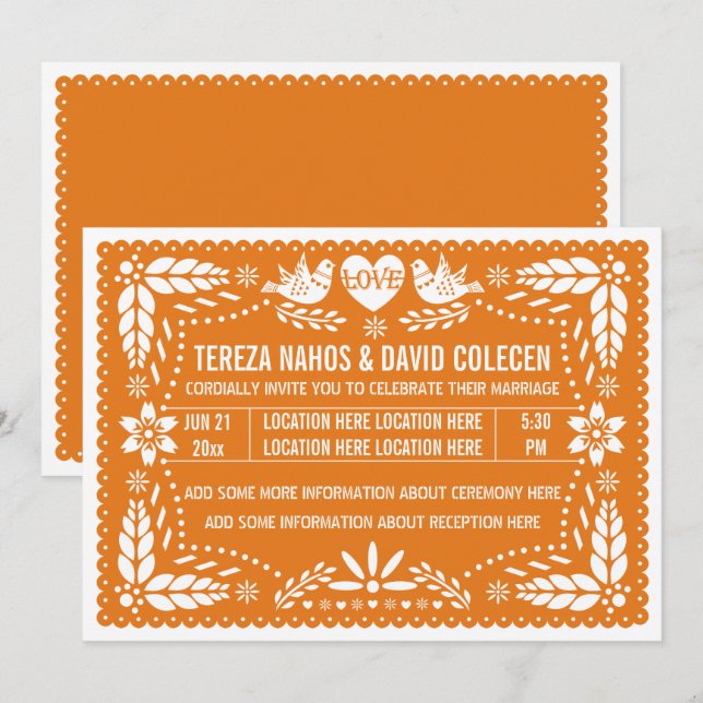 Orange papel picado love birds wedding invitation (Front/Back)