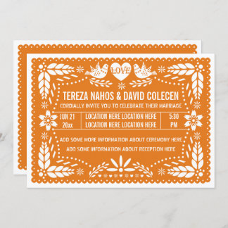 Orange papel picado love birds wedding invitation