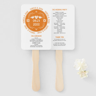 Orange papel picado love birds wedding program hand fan