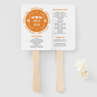 Orange papel picado love birds wedding program hand fan