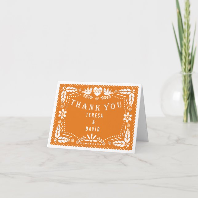 Orange papel picado love birds wedding Thank You Card (Front)