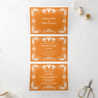Orange papel picado love birds wedding Tri-Fold invitation