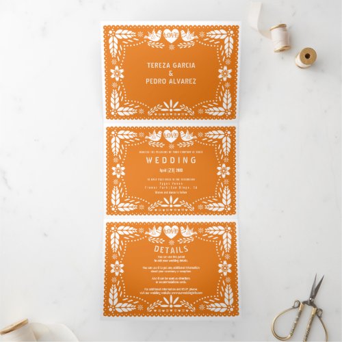 Orange papel picado love birds wedding Tri_Fold invitation