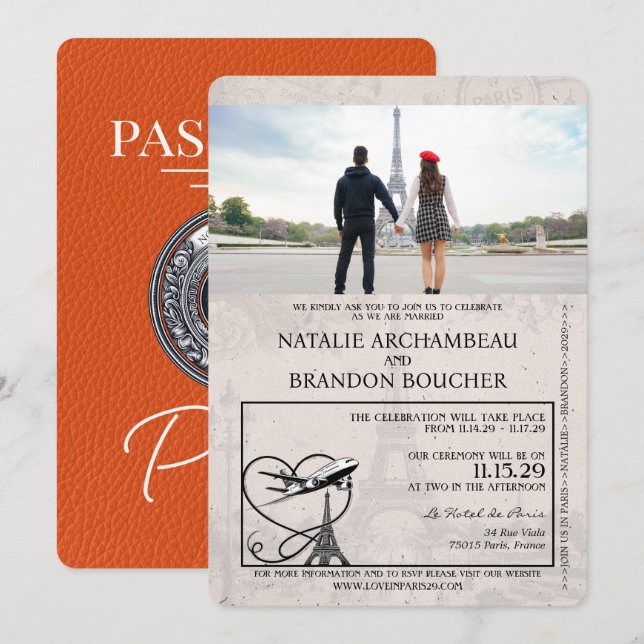Orange Paris Passport Wedding Invitation (Front/Back)