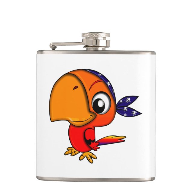 Orange parrot cartoon hip flask (Front)