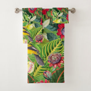 Orange Parrots in Tropical Flower Jungle Pattern Bath Towel Set