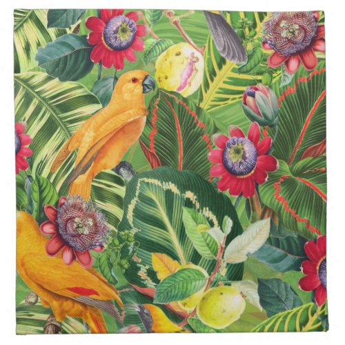 Orange Parrots in Tropical Flower Jungle Pattern Cloth Napkin