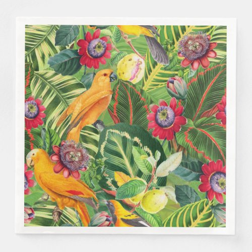 Orange Parrots in Tropical Flower Jungle Pattern Paper Dinner Napkins