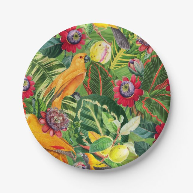 Orange Parrots in Tropical Flower Jungle Pattern Paper Plates (Front)