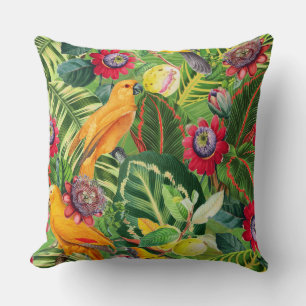 Orange Parrots in Tropical Flower Jungle Pattern Throw Pillow