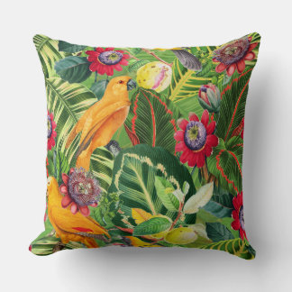 Orange Parrots in Tropical Flower Jungle Pattern Throw Pillow