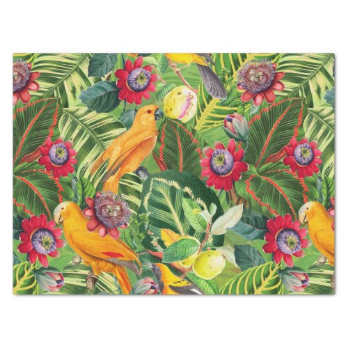 Orange Parrots in Tropical Flower Jungle Pattern Tissue Paper