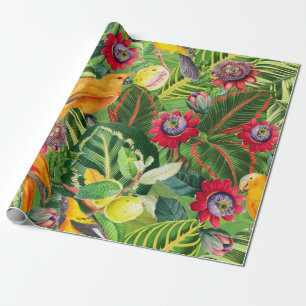 Orange Parrots in Tropical Flower Jungle Pattern Wrapping Paper
