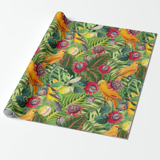 Orange Parrots in Tropical Flower Jungle Pattern Wrapping Paper (Unrolled)