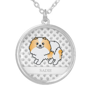 Orange Parti-Color Pomeranian Cartoon Dog & Name Silver Plated Necklace