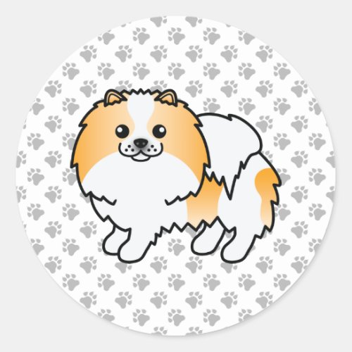 Orange Parti_Color Pomeranian Cartoon Dog  Paws Classic Round Sticker