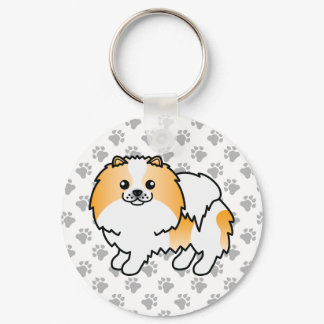 Orange Parti-Color Pomeranian Cartoon Dog &amp; Paws Keychain
