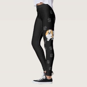 Orange Parti-Color Pomeranian Cartoon Dog & Paws Leggings