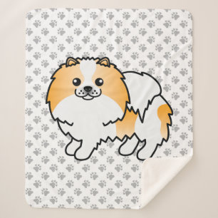 Orange Parti-Color Pomeranian Cartoon Dog & Paws Sherpa Blanket