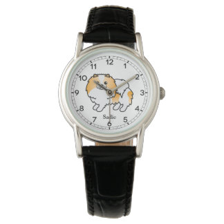 Orange Parti-Color Pomeranian Cute Dog &amp; Name Watch