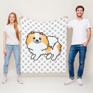 Orange Parti-Color Pomeranian Cute Dog & Paws Fleece Blanket