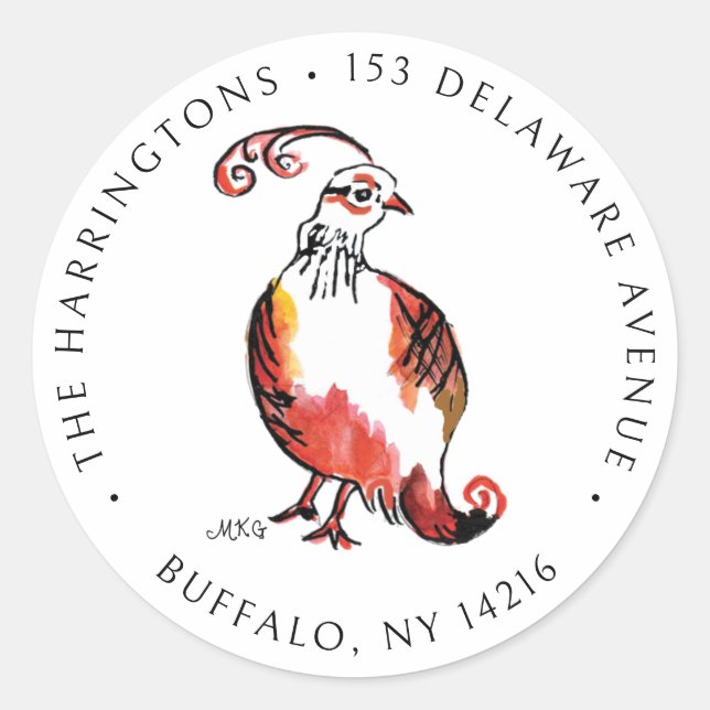 Orange Partridge Cute Hand-Illustrated Address  Classic Round Sticker (Front)