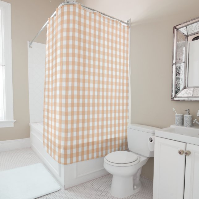 Orange Pastel Gingham Pattern Modern Farmhouse Shower Curtain (In Situ)
