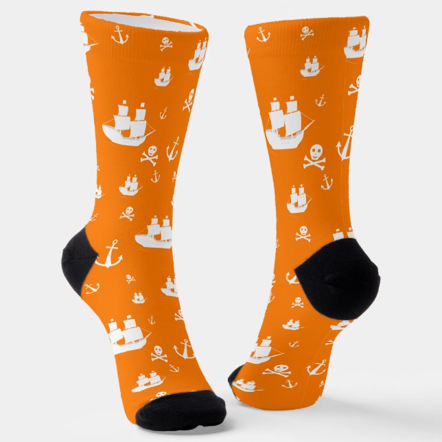Orange Pattern Ship Anchor Pirate Socks (Angled)