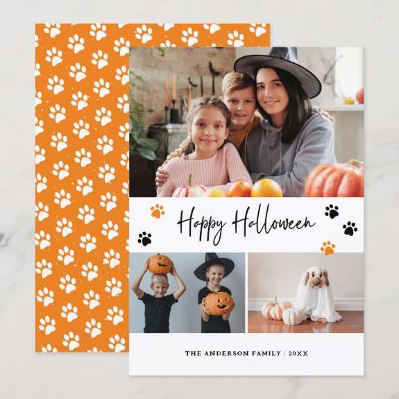 Orange Paw Print Pet Photo Happy Halloween Card