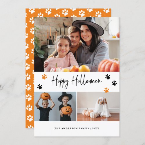 Orange Paw Print Pet Photo Happy Halloween Card