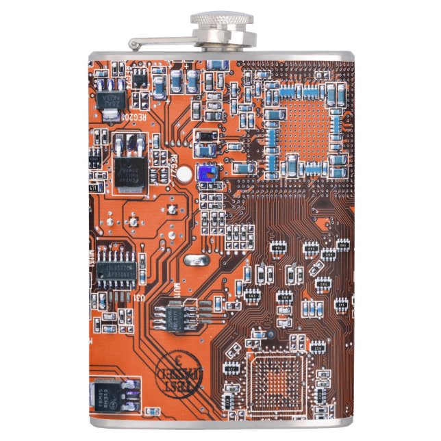 Orange PCB Circuit Board Design for IT Pros Flask (Front)