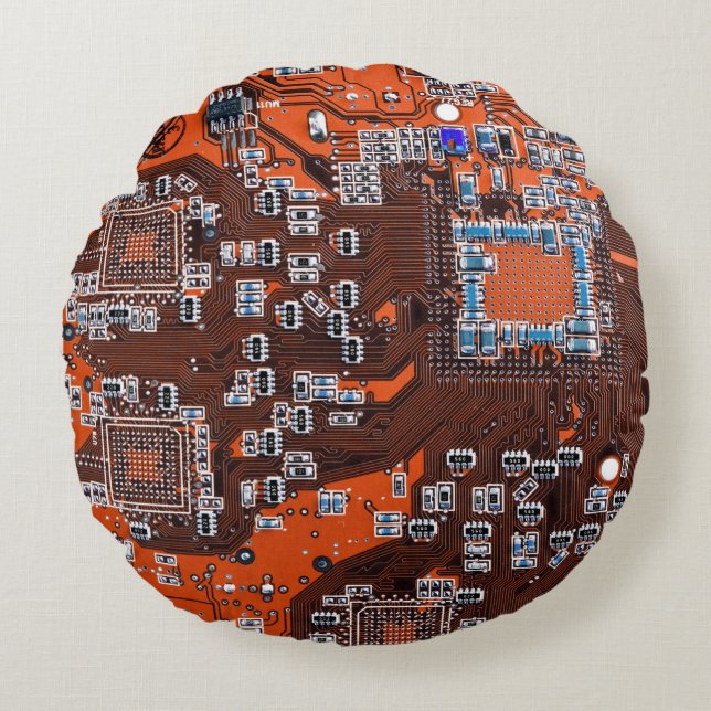 Orange PCB Circuit Board Design for IT Pros Round Pillow (Front)