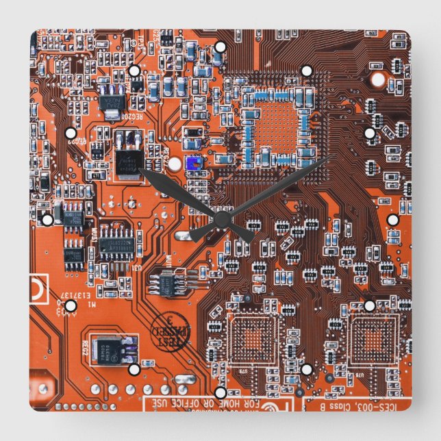 Orange PCB Circuit Board Design for IT Pros Square Wall Clock (Front)