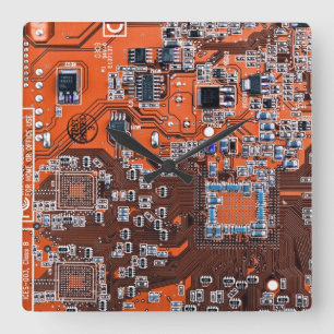 Orange PCB Circuit Board Design for IT Pros Square Wall Clock