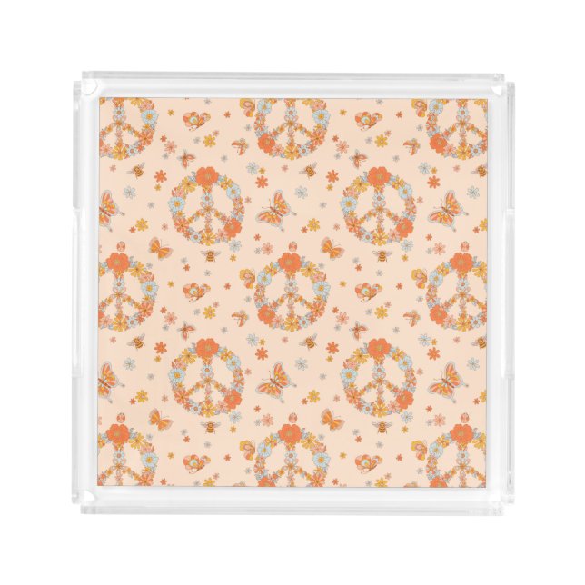 Orange Peace Floral Pattern Acrylic Tray (Front)