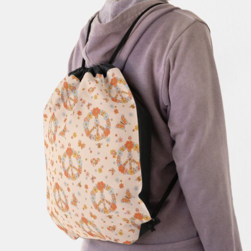 Orange Peace Floral Pattern Drawstring Bag