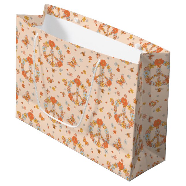 Orange Peace Floral Pattern Large Gift Bag (Front Angled)
