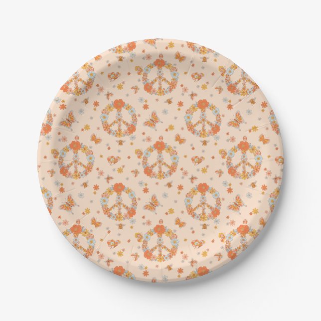 Orange Peace Floral Pattern Paper Plates (Front)