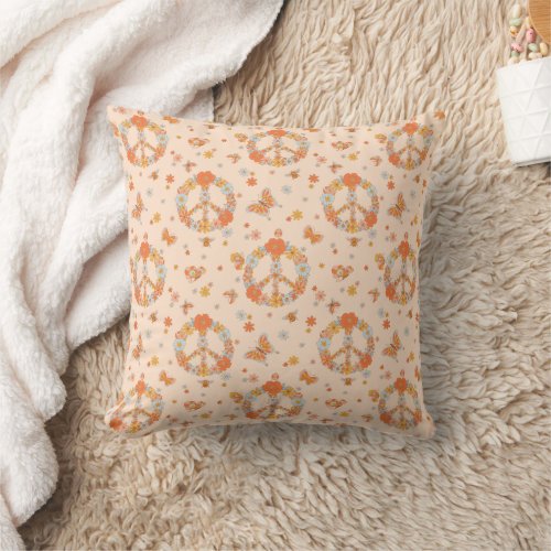 Orange Peace Floral Pattern Throw Pillow