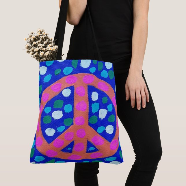 Orange Peace Sign on Blue  Tote Bag (Close Up)