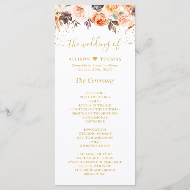Orange Peach Autumn Gold Floral Wedding Program (Front)