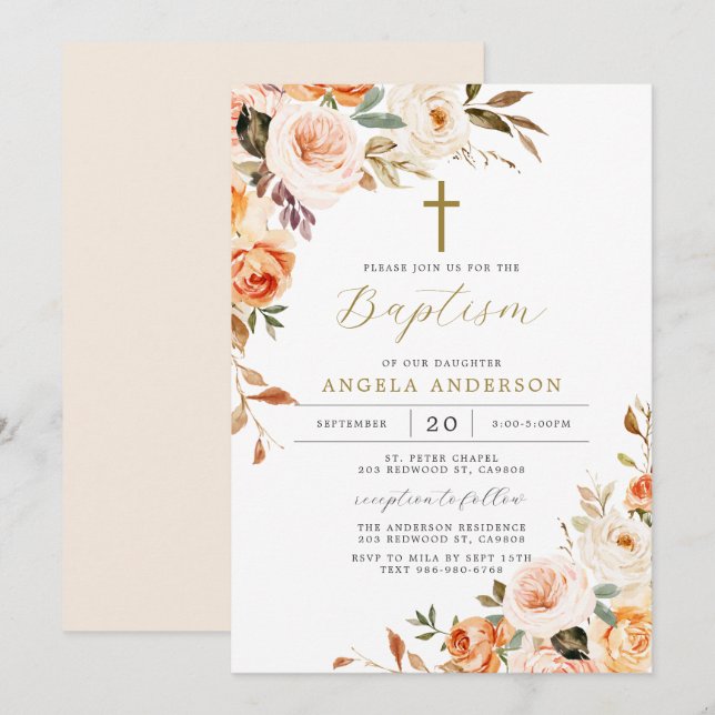 Orange Peach Baptism/Christening Invitation (Front/Back)