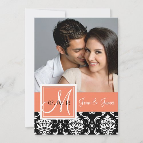 Orange Peach Black Damask Photo Save the Date