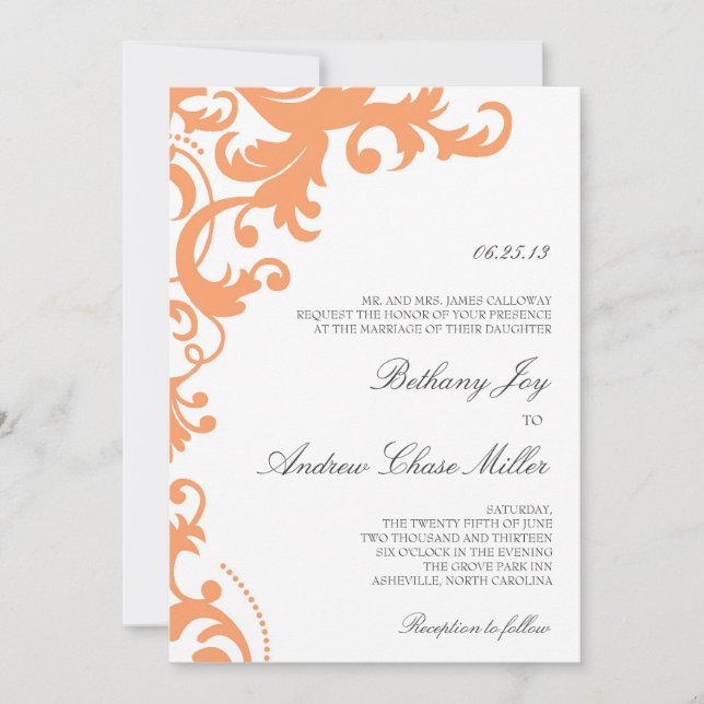 Orange Peach Elegant Damask Wedding Invitation (Front)