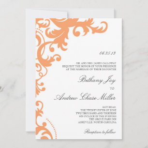 Orange Peach Elegant Damask Wedding Invitation