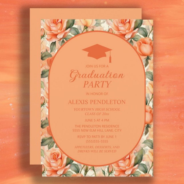 Orange Peach Floral High School Graduation Cap Invitation (Orange and peach-colored floral graduation party invitation)